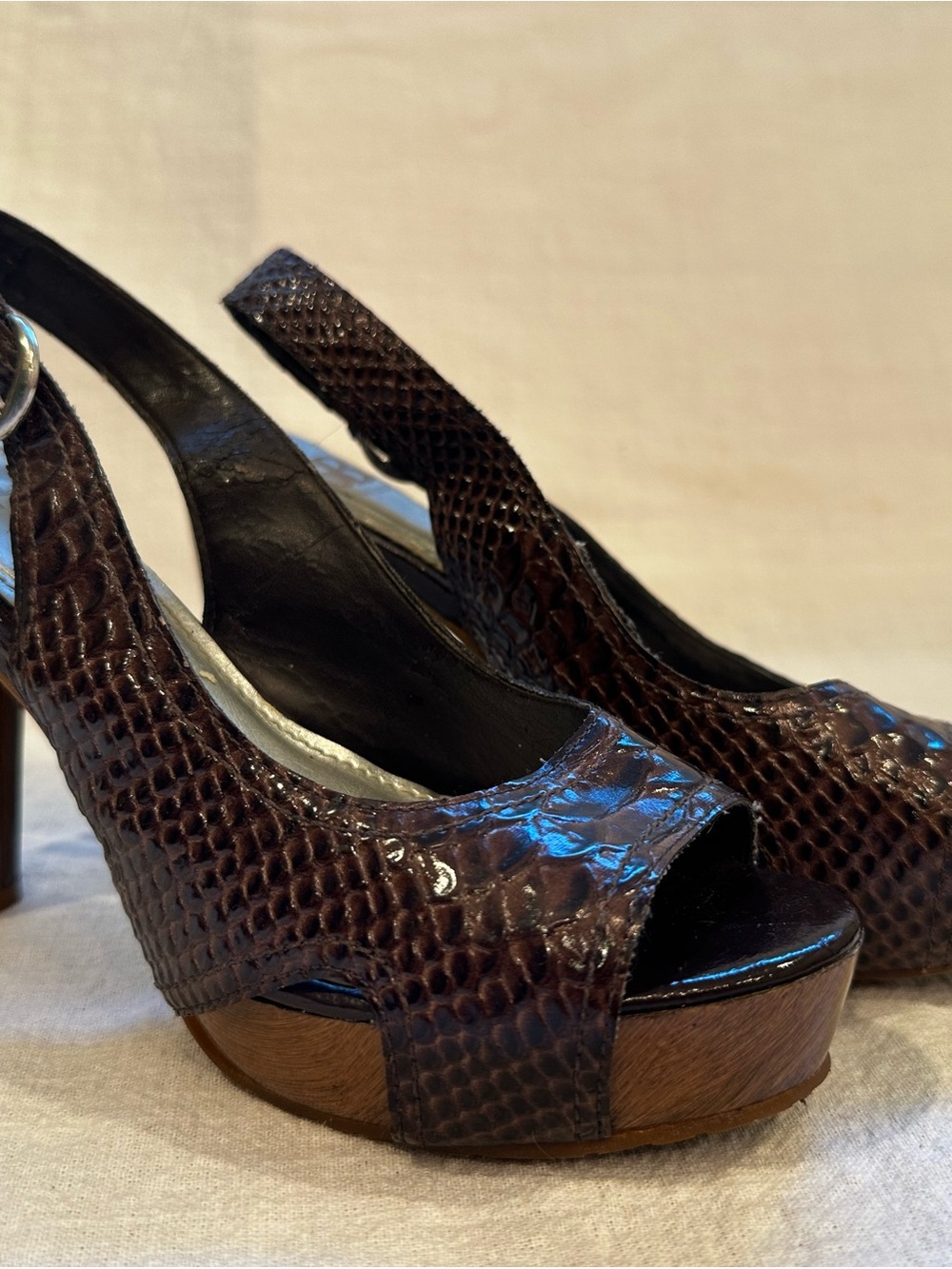 Gianni Bini Brown Snakeskin Peep-Toe Platform Slingback Heels